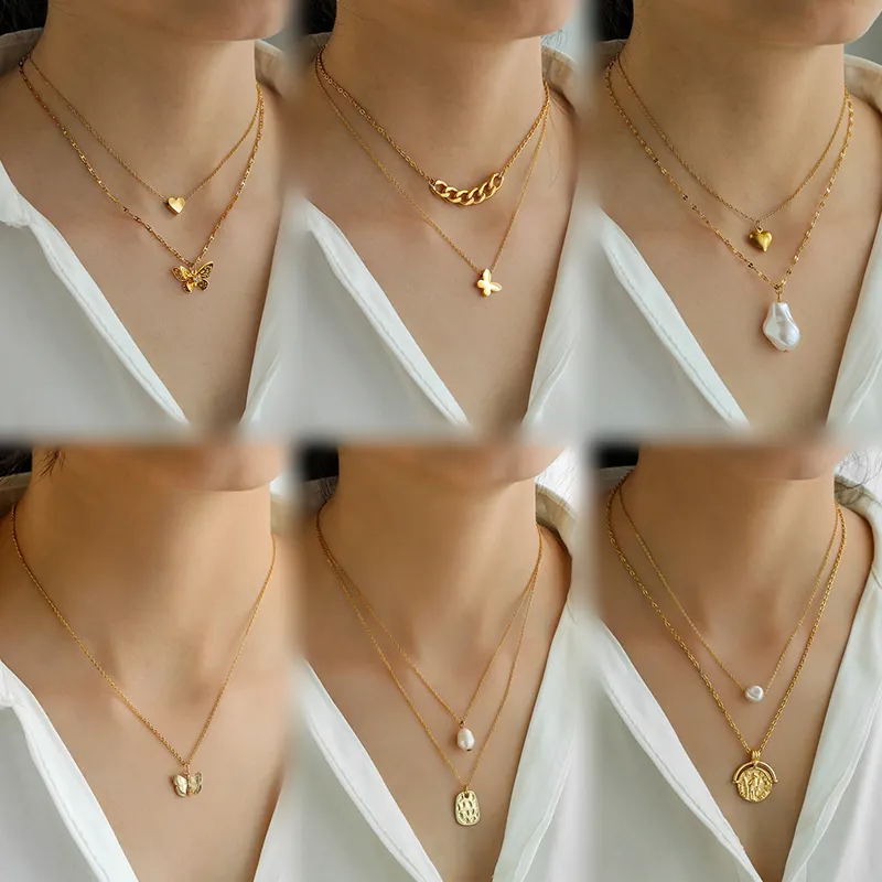 Fashion Stainless Steel Pearl Layered Butterfly Heart Pendant Necklace Women Girls Vintage Gold Plated Choker Necklace