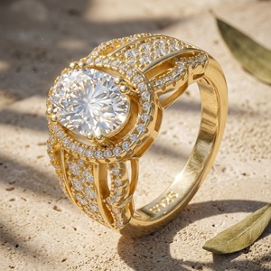 Women's 18K Gold Plated Moissanite Engagement <b>Ring</b> Round Brilliant Cut Pave Setting 925 Silver Romantic Style - Product Image 5