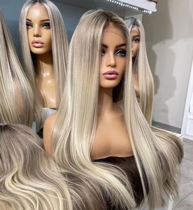 Perruques en cheveux humains européens en gros pour femmes blanches, <span class=keywords><strong>blond</strong></span> <span class=keywords><strong>platine</strong></span> avec mèches, dentelle transparente, sans colle, prêtes à porter - Product Image 4
