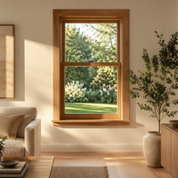 Ventana de Madera Sólida de Hoja Única, Estilo Americano, Doble Acristalamiento, Vidrio Low-E, Eficiente Energéticamente, Ventanas Verticales