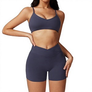 Women Dark <b>Blue</b> Spaghetti Strap Sports <b>Bra</b> High Waist Shorts 2 Piece Set Seamless Breathable Yoga Activewear - Product Image 1