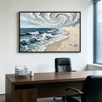 Tableau mural encadré style impasto, Paysage marin bleu-gris atmosphérique avec vagues océaniques, pour Hôtel en bord de mer, Magasin de surf et Café