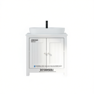 Solid <b>Pine</b> Wood <b>Bathroom</b> Sink <b>Cabinet</b> White Metal Accents Modern Vanity Floor Standing Rectangular Ceramic Basin 38-46 In - Product Image 1