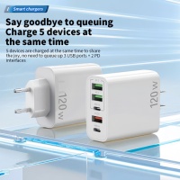 Adaptor Daya Pengisian Cepat 120W QC3.0 PD3.1 dengan 3PD+2USB Multi-Port untuk Laptop, Ponsel, dan Perangkat Android 15, dengan Colokan US/EU/UK