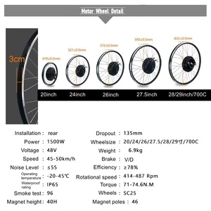 20 इंच-29 "इलेक्ट्रिक बाइक 48 वी 1500 डब्ल्यू रियर मोटर व्हील किट" - Product Image 2