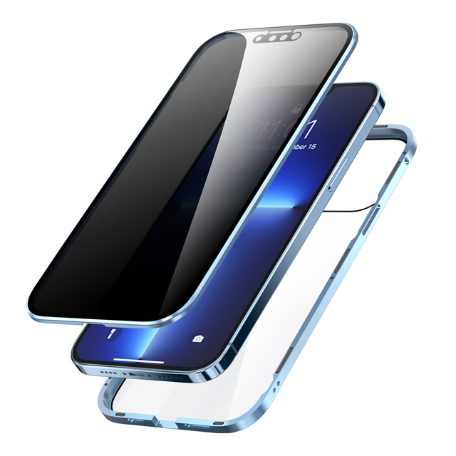 Metal 360 Full Protective Magnetic Phone Case for Iphone 11 12 13 14 Pro Max Privacy Protection Tempered Glass Antispy Cover