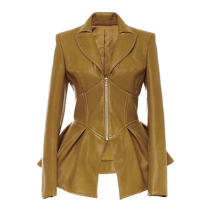 Chaqueta de cuero acolchada de invierno para mujer con detalles de ganchillo, botones y cierre de cremallera, técnica lavada, ideal para otoño. - Product Image 1