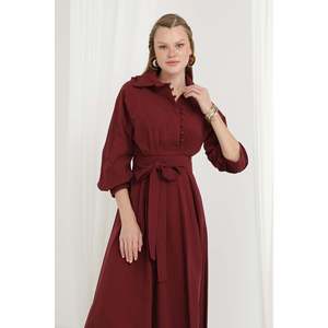 Vestido de Mujer con Cinturón y Detalle de Botones, Cuello Mandarín - 20688ELB - BURGUNDY - Product Image 4