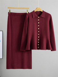 Conjunto de punto de talla universal para mujer, estampado, primavera-otoño, cárdigan, suéter, falda a la cadera, falda de medio cuerpo, dos piezas - Product Image 3