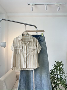 A546 Weiche & Kühle Leinen-Seide-Mischung Kurzarm-Streifenhemd mit Zwei Cargotaschen Lässige Sommer-Bluse - Product Image 6