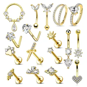 Fashion Jewelry 14K Gold Piercings Labret Big Hoop Nose Stud Rings CZ Cubic Zircon Navel Belly Ring Earing Diamond Ear Stud