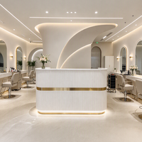 Bureau de réception moderne sur mesure avec panneau à rayures minimalistes et décoration dorée pour salon, centre de beauté et bien-être