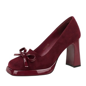 Womens Burgundy Suede <b>Pumps</b> Square Toe Block Heel High Heels With Bow Decoration on Formal Shoes for Office Party - Product Image 5