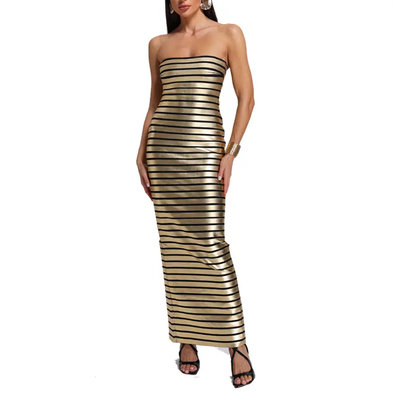 Europa und die Vereinigten Staaten Frauen Split Sexy Brust Langes Kleid Senior Hot Gold Stripes Slim-Fit Wrap Hip Bandage Kleid