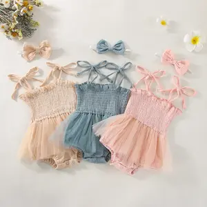 Mùa Hè Cô Gái Màu Sắc Tinh Khiết Treo Lưới Romper Jumpsuit Quần Áo Bow Headdress Hai Mảnh Thiết Lập Bé Tutu Romper