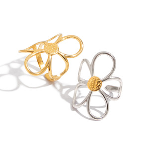 Anillos de Acero Inoxidable Chapados en Oro de 18K al por Mayor, Anillos Ajustables con Diseño de Flor Hueca, Elegantes y Bohemios, Anillos Apilables de <span class=keywords><strong>Moda</strong></span> para Mujer - Product Image 5