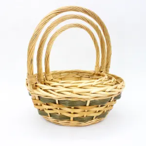 Mixed woven handmade storage basket and flower basket with raw wood color willow strips and chips