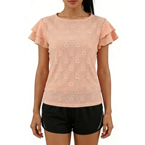 Blusa de mujer con bordado de ojales y mangas con volantes - Camisa de verano de cuello redondo y ajuste holgado a la moda - Product Image 1