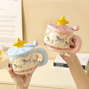 Cute Carousel Ceramic Mug with Star Lid Creative Horse Mug Birthday Gift Coffee Cup for Souvenir - Product Image 3