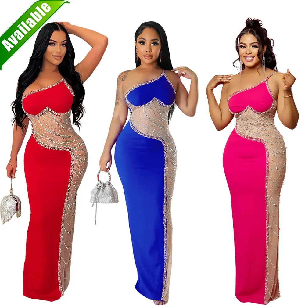 CY900361 Sexy Frauen Abend party Kleid Strass Durchsichtiger asymmetrischer Hals Ärmellose, figur betonte Kleider