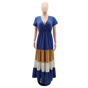 เดรสยาวลำลองแฟชั่นผู้หญิง คอวี แขนสั้น แต่งผ้าหลากสี ขายส่งราคาพิเศษ - Product Image 2