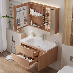 Walnut color simple modern thermal curved integrated ceramic basin bathroom cabinet washbasin - Product Image 3