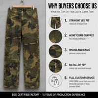Celana Kerja Lebar Motif Woodland Camo 320gsm Permukaan Sarang Lebah Kaki Lurus Bertumpuk Label Pribadi Streetwear OEM ODM
