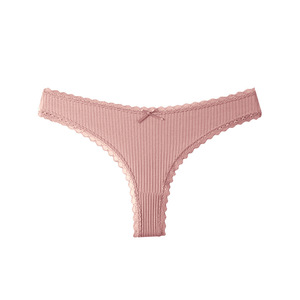 Braguitas de Tanga de Algodón Cómodas para Mujer, Color Rosa, Tejido Acanalado, con Encaje Sólido, Talle Bajo, Tallas Grandes, con Lazo, Venta al por Mayor - Product Image 1