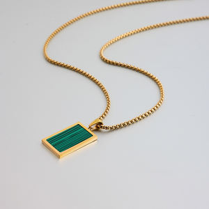 Perhiasan Pria 18k liontin Malachite hijau kotak baja tahan karat emas kalung pria - Product Image 5