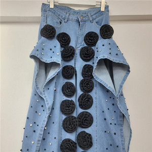 Nouveau pantalon en jean large à lacets, fait main, avec fleurs 3D, pour femme, tendance - Product Image 6