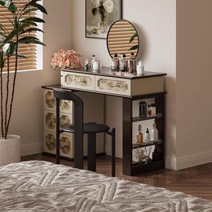 Guji Solid Wood Retro Pattern Dressing <b>Table</b> With Storage Bedroom <b>Makeup</b> Vanity - Product Image 3
