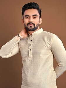 <b>Men's</b> Cream Cotton <b>Kurta</b> With White Churidar For Casual Wear Traditional Indian Pakistani Style Ankle-Length Regular Fit - Product Image 3