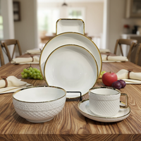 Service de table en céramique blanche à bord doré gaufré, 32 pièces, pour mariage, hôtel et restauration