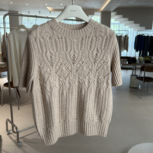 <b>Women's</b> Exquisite Beige Wool/Cashmere O-Neck Short-Sleeve Sweater <b>Top</b> Breathable <b>Warm</b> Autumn Casual Style Front Logo Position - Product Image 1