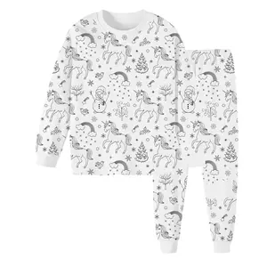 Personalizado Unisex Algodón Bambú Niños Pijamas Manga Larga Blanco Dibujo Pijamas DIY Colorear Pijamas para Niños