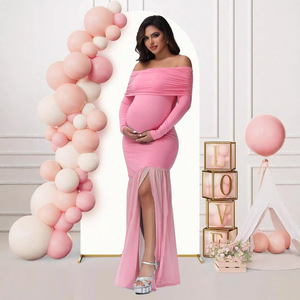 Vestido de <span class=keywords><strong>Maternidad</strong></span> Elegante de Manga Larga con Hombros Descubiertos, Ajustado, de Punto con Malla y Parches, Colección Primavera 2025 Europea y Americana - Product Image 3