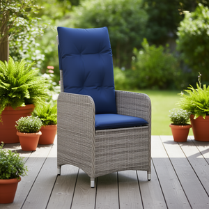 Silla Reclinable de Patio de Poliratán Gris con Cojines, Muebles de Exterior Contemporáneos, Base de Aluminio, Diseño Moderno - Product Image 2