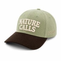 Casquette de baseball en velours côtelé bicolore vert sauge et marron foncé avec logo personnalisé, style Dad Hat, chaude, non structurée, 6 panneaux, boucle en laiton