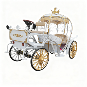 Charrette électrique en forme de citrouille sphérique blanche et dorée avec auvent à pompons en fer en forme de cœur et double couronne dorée pour le transport de la mariée. - Product Image 1
