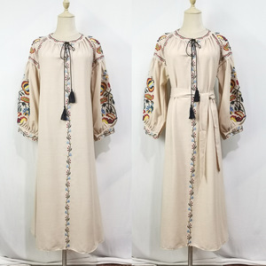 <span class=keywords><strong>Robe</strong></span> musulmane pour femme en gros, motif floral, douce, naturelle, respirante, coupe ample, brodée, à franges, manches lanternes, en coton et lin - Product Image 6