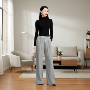 J696-1 Pantaloni Larghi da Donna in Maglia a Vita Alta con Coulisse a Righe Vestibilità Ampia Lunghezza Intera Casual per Autunno - Product Image 2