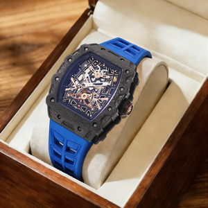 Mode ultradunne mechanische horloge met skeletwijzerplaat van koolstofvezel, saffierkristal, 3ATM waterdicht, blauwe rubberen band, herenhorloge - Product Image 1