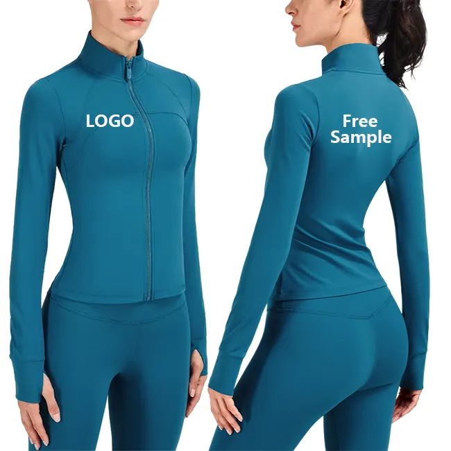 Womens Lightweight Full Zip Corrida Track Jacket Workout Slim Fit Yoga SportSwear com Polegar Buracos