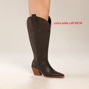 Stivali da cowboy da donna alti fino al ginocchio, extra larghi per polpacci, in finta pelle scamosciata <span class=keywords><strong>beige</strong></span>, stile western mimetico, comodi, con punta affusolata e tacco grosso - Product Image 2