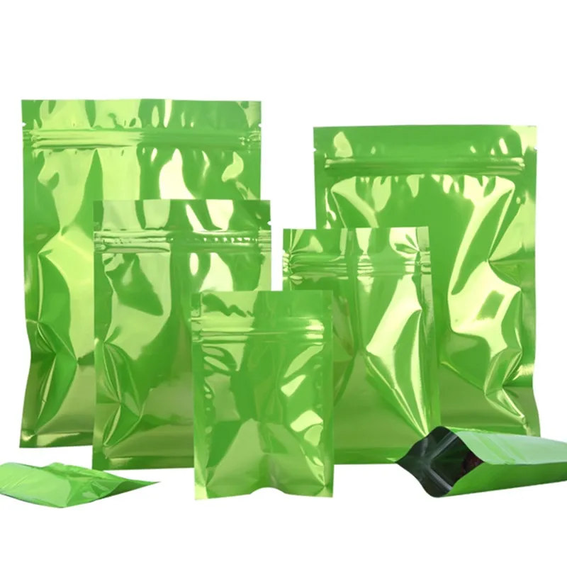 Personnalisé Brillant Vert Sac Ziplock de Papier D'aluminium De Trois Côtés Joint Sac D'emballage De Poudre De Café Cadeau Emballage avec Fermeture À Glissière