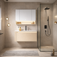 Ensemble de meubles de salle de bain moderne avec meuble sous-vasque simple doré, système de rangement mural et étagère ouverte éclairée