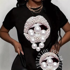 Camiseta de <span class=keywords><strong>mujer</strong></span> de moda con estampado artístico de labios, estilo artístico, talla grande, de verano, manga corta, informal, venta al por mayor - Product Image 1