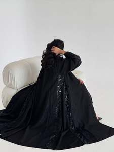 Abaya <span class=keywords><strong>bleu</strong></span> marine ouverte en gros de Dubaï avec manches en dentelle brodée pour femmes musulmanes - Product Image 3