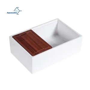 Aquacubic Farmhouse Sink Deep Single Bowl White Ceramic Porcelain Fireclay Apron-Front 30 inch Kitchen Workstations Sink