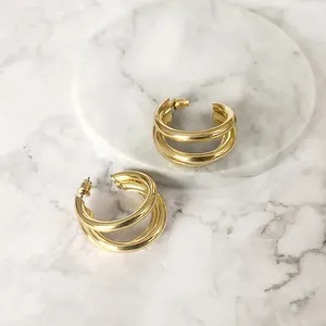 金银颜色多行圈耳环为妇女简单的三圈圈圈耳环波希米亚几何圆耳环